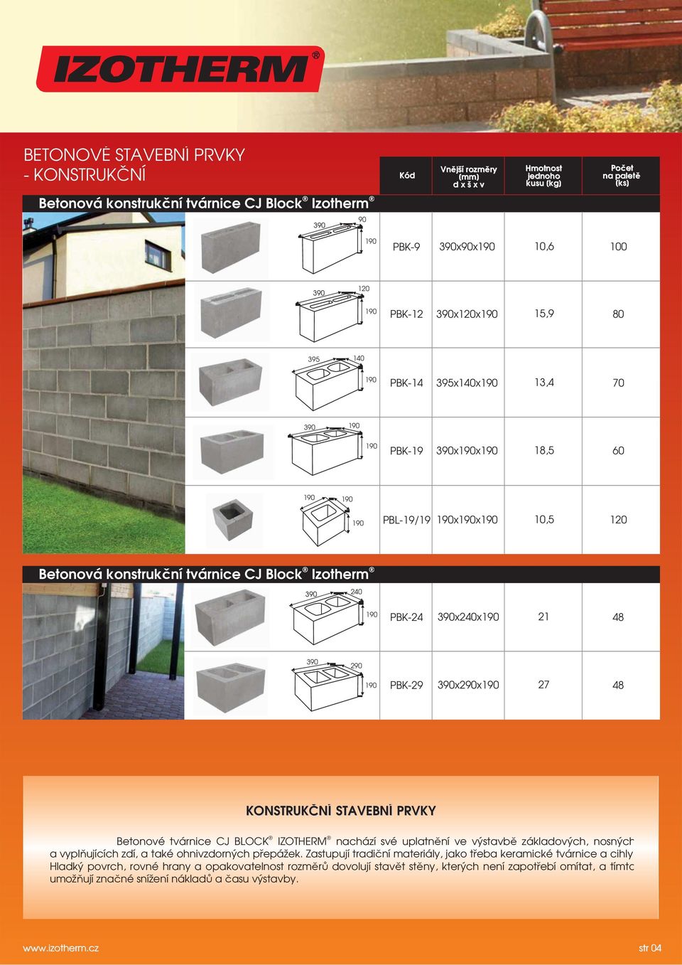 Betonové tvárnice CJ BLOCK IZOTHERM nachází své uplatnění ve výstavbě základových, nosných a vyplňujících zdí, a také ohnivzdorných přepážek.