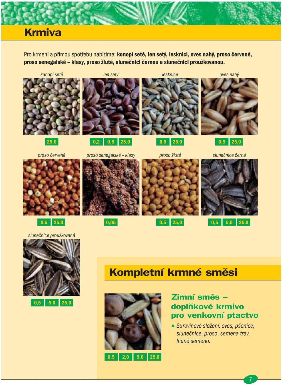 konopí seté len setý lesknice oves nahý 0,2 0,5 0,5 0,5 proso červené proso senegalské klasy proso žluté slunečnice černá 0,5 0,05