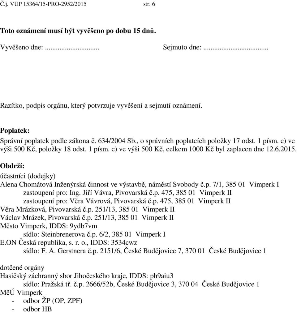 6.2015. Obdrží: účastníci (dodejky) Alena Chomátová Inženýrská činnost ve výstavbě, náměstí Svobody č.p. 7/1, 385 01 Vimperk I zastoupení pro: Ing. Jiří Vávra, Pivovarská č.p. 475, 385 01 Vimperk II zastoupení pro: Věra Vávrová, Pivovarská č.