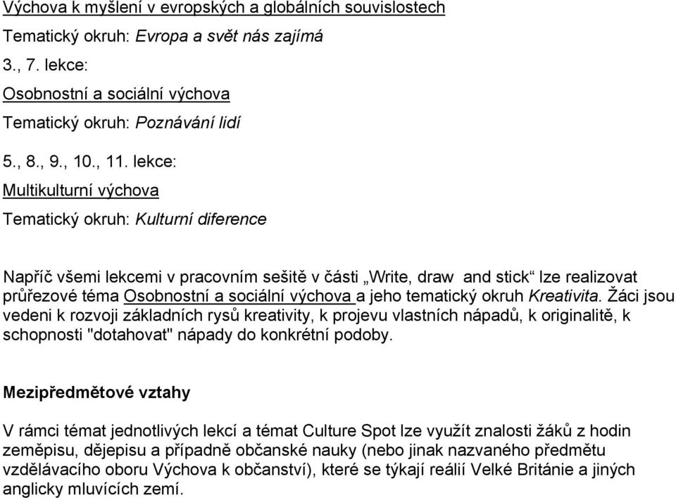 jeho tematický okruh Kreativita. Žáci jsou vedeni k rozvoji základních rysů kreativity, k projevu vlastních nápadů, k originalitě, k schopnosti "dotahovat" nápady do konkrétní podoby.