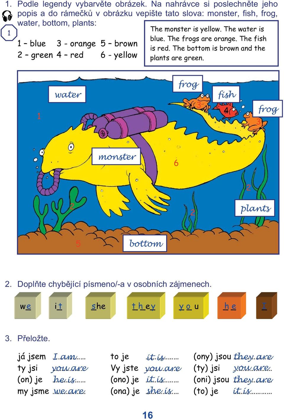 The frogs are orange. The fish 1 blue 3 - orange 5 brown is red. The bottom is brown and the 2 green 4 red 6 - yellow plants are green.