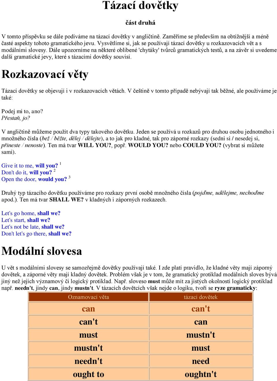 Dále upozorníme na některé oblíbené 'chytáky' tvůrců gramatických testů, a na závěr si uvedeme další gramatické jevy, které s tázacími dovětky souvisí.