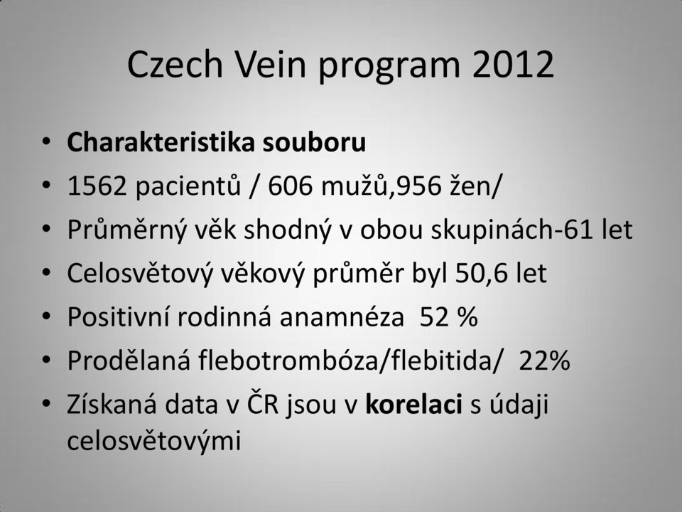 věkový průměr byl 50,6 let Positivní rodinná anamnéza 52 % Prodělaná