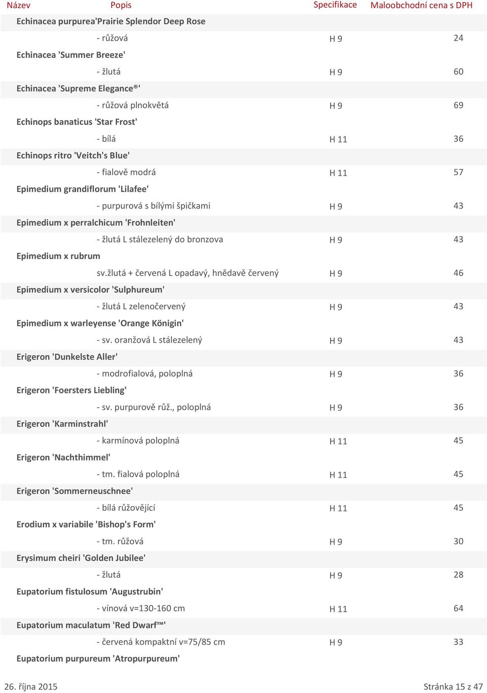 bronzova H 9 43 Epimedium x rubrum sv.žlutá + červená L opadavý, hnědavě červený H 9 46 Epimedium x versicolor 'Sulphureum' - žlutá L zelenočervený H 9 43 Epimedium x warleyense 'Orange Königin' - sv.