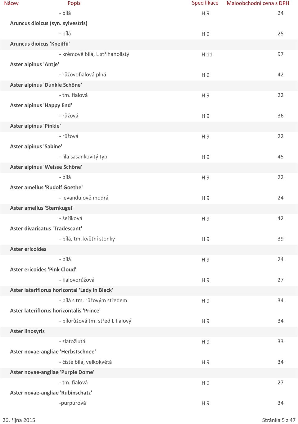 fialová H 9 22 Aster alpinus 'Happy End' - růžová H 9 36 Aster alpinus 'Pinkie' - růžová H 9 22 Aster alpinus 'Sabine' - lila sasankovitý typ H 9 45 Aster alpinus 'Weisse Schöne' - bílá H 9 22 Aster