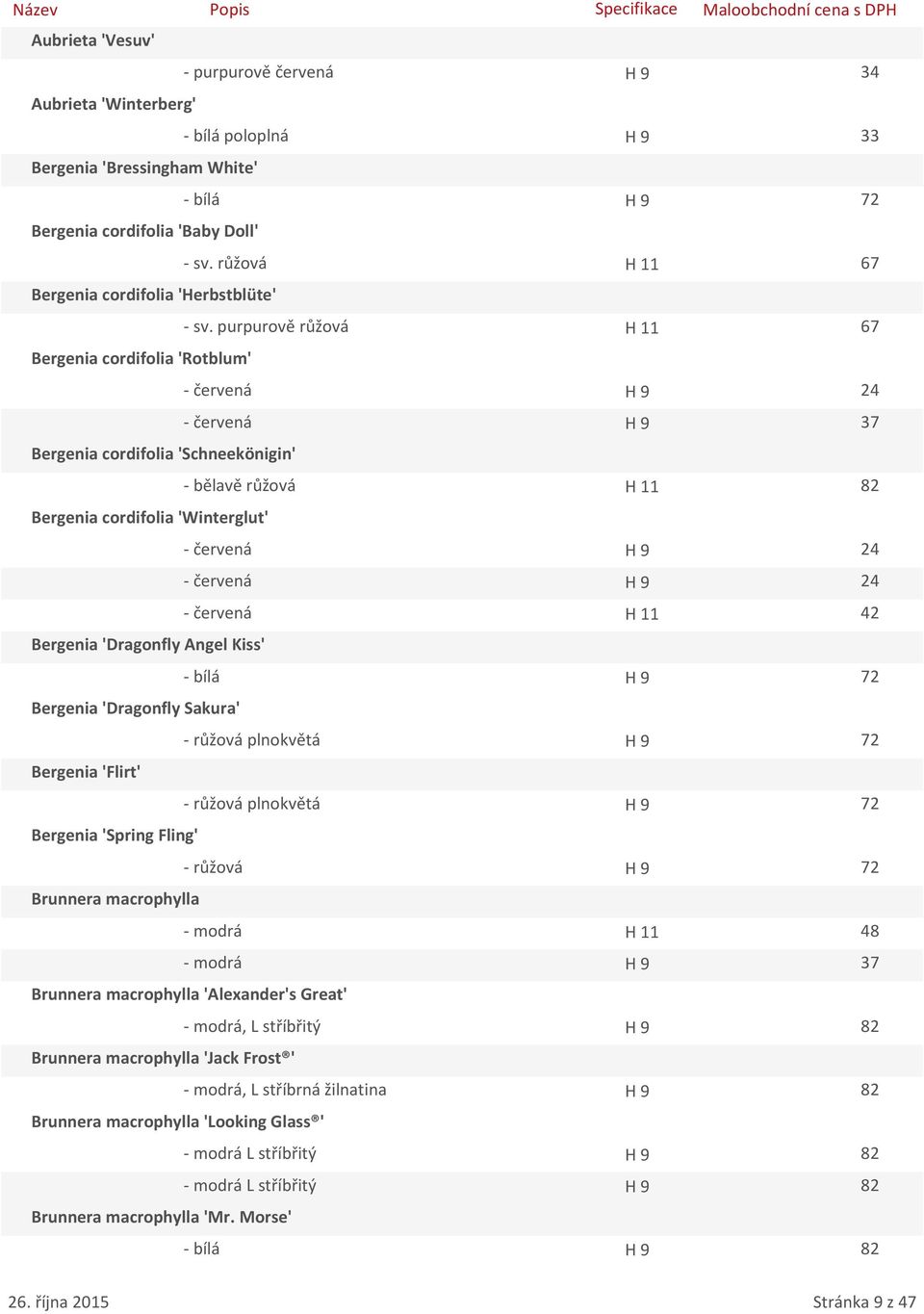 purpurově růžová H 11 67 Bergenia cordifolia 'Rotblum' - červená H 9 24 - červená H 9 37 Bergenia cordifolia 'Schneekönigin' - bělavě růžová H 11 82 Bergenia cordifolia 'Winterglut' - červená H 9 24
