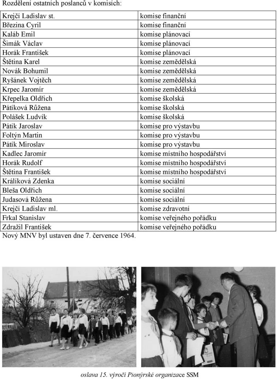 Miroslav Kadlec Jaromír Horák Rudolf Štětina František Králíková Zdenka Bleša Oldřich Judasová Růžena Krejčí Ladislav ml. Frkal Stanislav Zdražil František Nový MNV byl ustaven dne 7. července 1964.