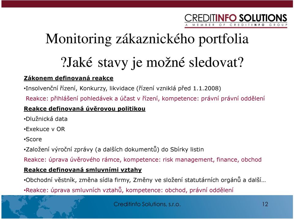 Založení výroční zprávy (a dalších dokumentů) do Sbírky listin Reakce: úprava úvěrového rámce, kompetence: risk management, finance, obchod Reakce definovaná smluvními