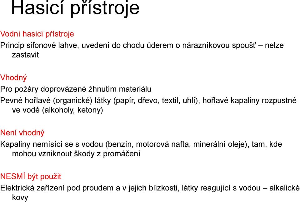 ve vodě (alkoholy, ketony) Není vhodný Kapaliny nemísící se s vodou (benzín, motorová nafta, minerální oleje), tam, kde mohou