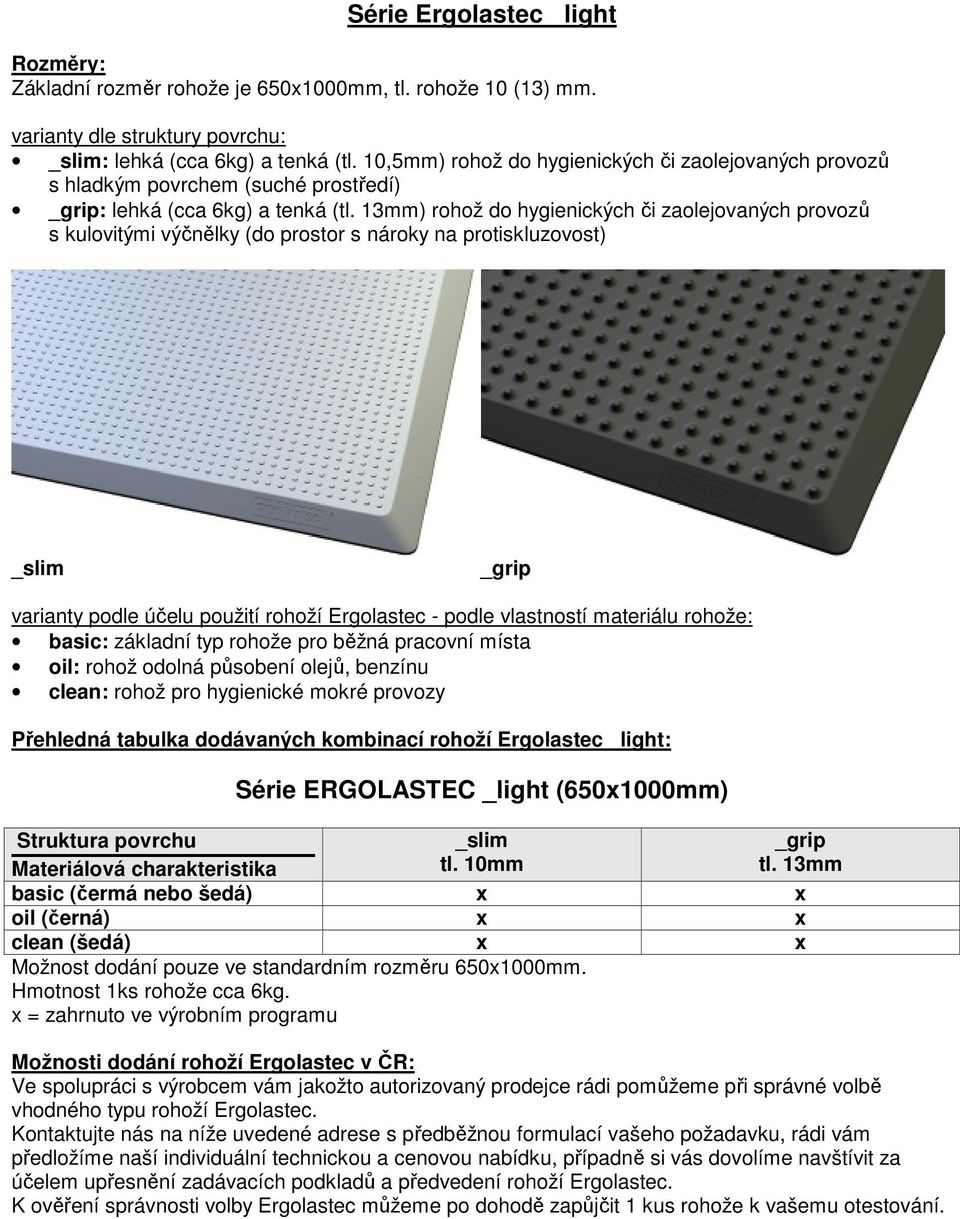 13mm) rohož do hygienických či zaolejovaných provozů s kulovitými výčnělky (do prostor s nároky na protiskluzovost) _slim _grip varianty podle účelu použití rohoží Ergolastec - podle vlastností