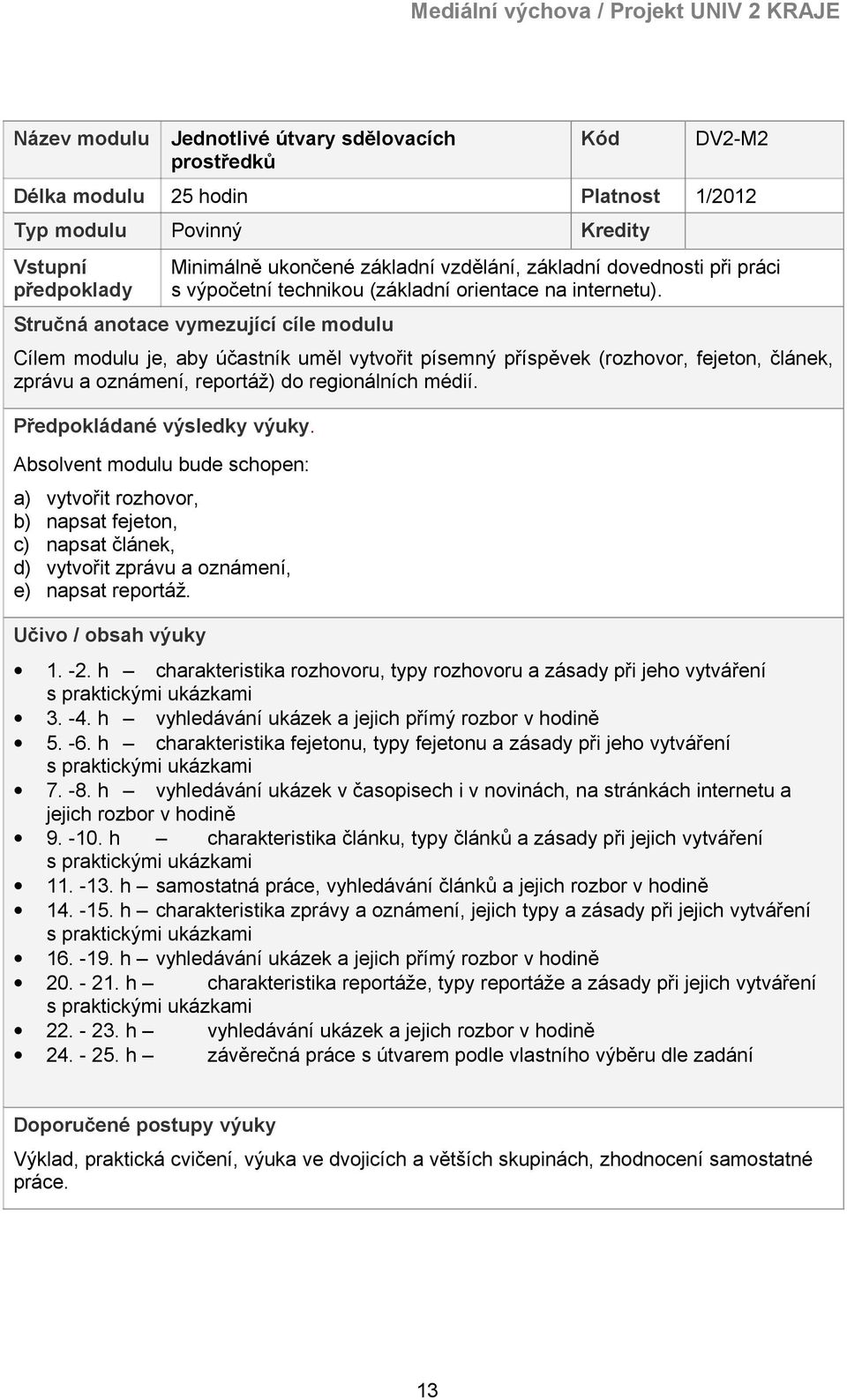 Stručná anotace vymezující cíle modulu Cílem modulu je, aby účastník uměl vytvořit písemný příspěvek (rozhovor, fejeton, článek, zprávu a oznámení, reportáž) do regionálních médií.