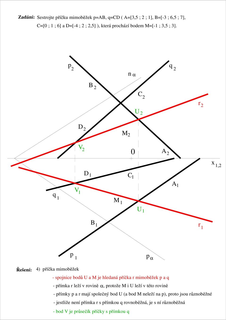 r V V, r α 4) říčk mimoběžek - sojnice bodů je hledná říčk r mimoběžek - římk r leží v rovině α, rotože