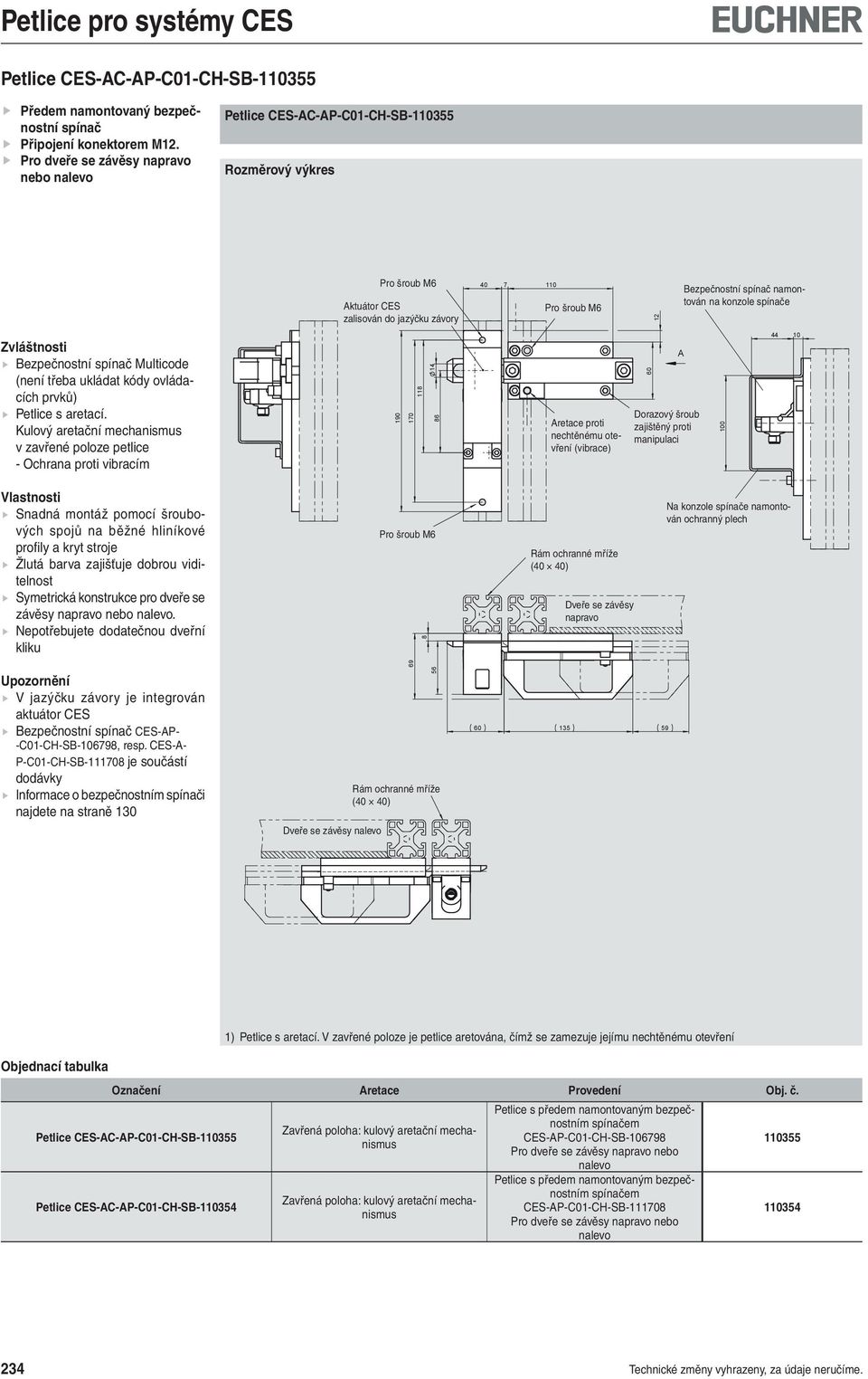 prvků) Petlice s aretací. Kulový aretační mechanismus 190 170 11 6 Aretace proti nechtěnému otevření (vibrace) A 100 44 10 profily a kryt stroje závěsy napravo nebo.