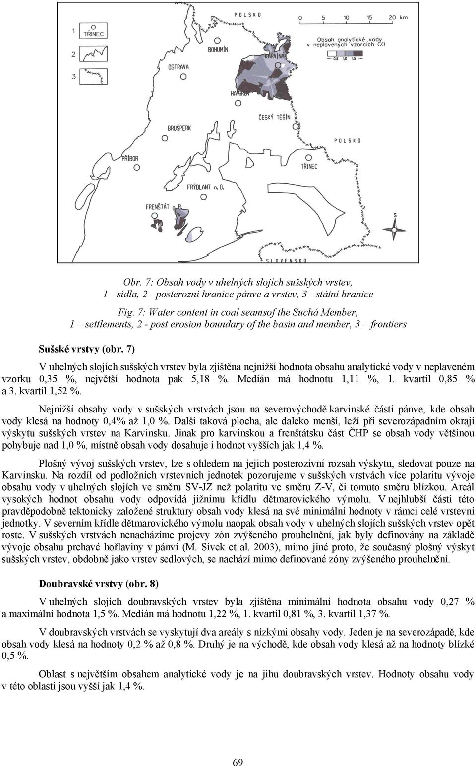 7) V uhelných slojích sušských vrstev byla zjištěna nejnižší hodnota obsahu analytické vody v neplaveném vzorku 0,35 %, největší hodnota pak 5,18 %. Medián má hodnotu 1,11 %, 1. kvartil 0,85 % a 3.