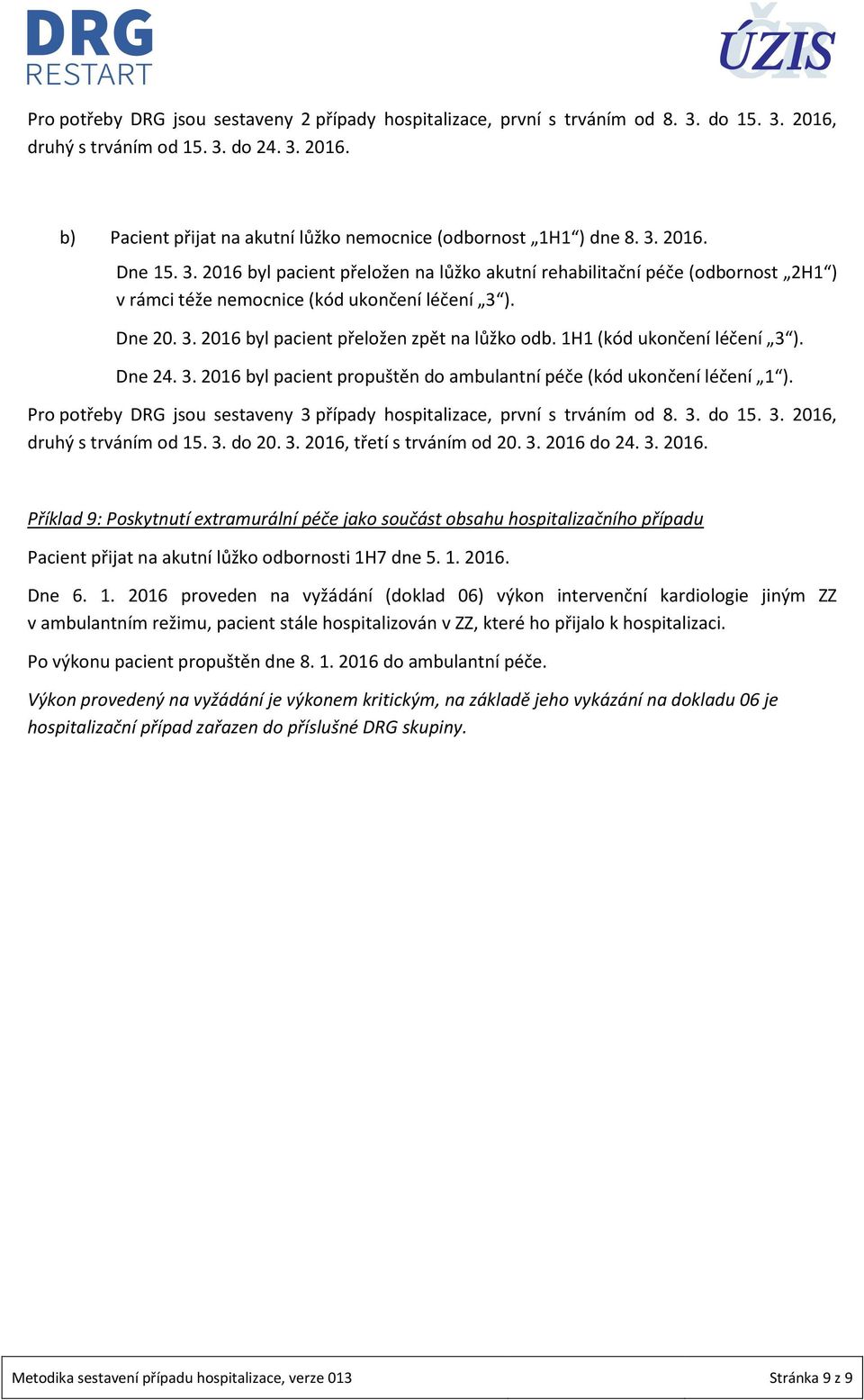 1H1 (kód ukončení léčení 3 ). Dne 4. 3. 016 byl pacient propuštěn do ambulantní péče (kód ukončení léčení 1 ). Pro potřeby DRG jsou sestaveny 3 případy hospitalizace, první s trváním od 8. 3. do 15.