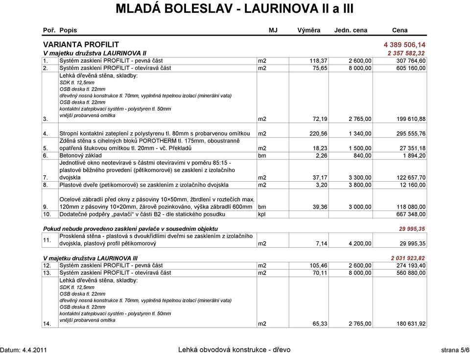 80mm s probarvenou omítkou m2 220,56 1 340,00 295 555,76 5. Zděná stěna s cihelných bloků POROTHERM tl. 175mm, oboustranně opatřená štukovou omítkou tl. 20mm - vč.