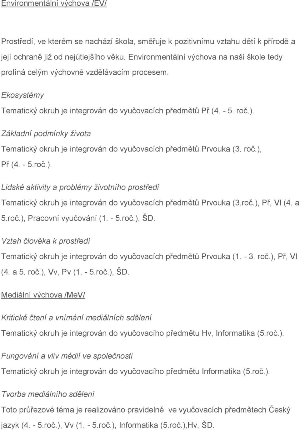 Základní podmínky života Tematický okruh je integrován do vyučovacích předmětů Prvouka (3. roč.),