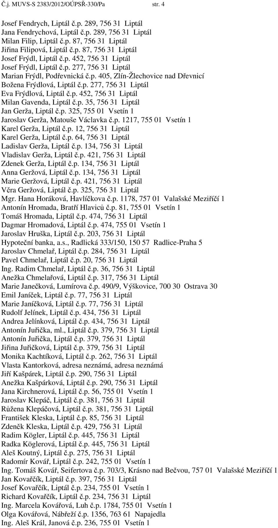 p. 277, 756 31 Liptál Eva Frýdlová, Liptál č.p. 452, 756 31 Liptál Milan Gavenda, Liptál č.p. 35, 756 31 Liptál Jan Gerža, Liptál č.p. 325, 755 01 Vsetín 1 Jaroslav Gerža, Matouše Václavka č.p. 1217, 755 01 Vsetín 1 Karel Gerža, Liptál č.