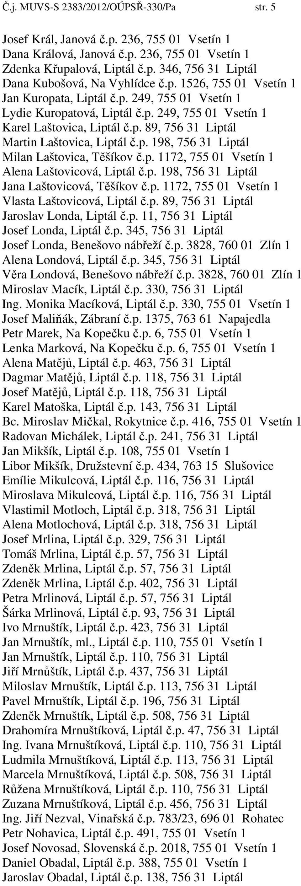 p. 1172, 755 01 Vsetín 1 Alena Laštovicová, Liptál č.p. 198, 756 31 Liptál Jana Laštovicová, Těšíkov č.p. 1172, 755 01 Vsetín 1 Vlasta Laštovicová, Liptál č.p. 89, 756 31 Liptál Jaroslav Londa, Liptál č.