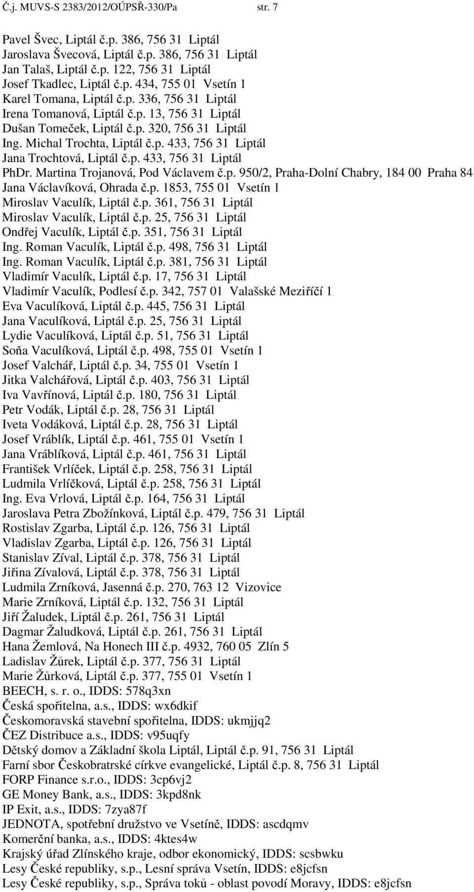p. 433, 756 31 Liptál PhDr. Martina Trojanová, Pod Václavem č.p. 950/2, Praha-Dolní Chabry, 184 00 Praha 84 Jana Václavíková, Ohrada č.p. 1853, 755 01 Vsetín 1 Miroslav Vaculík, Liptál č.p. 361, 756 31 Liptál Miroslav Vaculík, Liptál č.