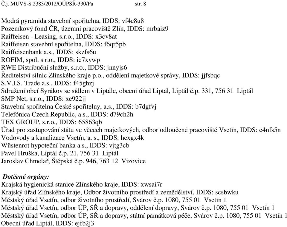 p. 331, 756 31 Liptál SMP Net, s.r.o., IDDS: xe922jj Stavební spořitelna České spořitelny, a.s., IDDS: b7dgfvj Telefónica Czech Republic, a.s., IDDS: d79ch2h TEX GROUP, s.r.o., IDDS: 65863qb Úřad pro zastupování státu ve věcech majetkových, odbor odloučené pracoviště Vsetín, IDDS: c4nfs5n Vodovody a kanalizace Vsetín, a.