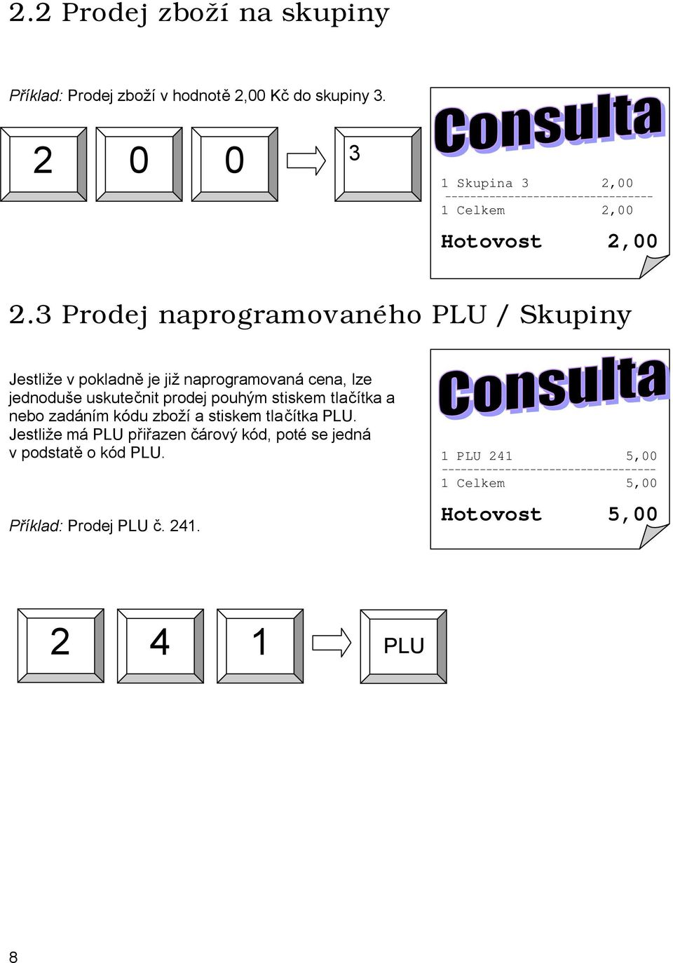 3 Prodej naprogramovaného PLU / Skupiny Jestliže v pokladně je již naprogramovaná cena, lze jednoduše uskutečnit prodej pouhým stiskem