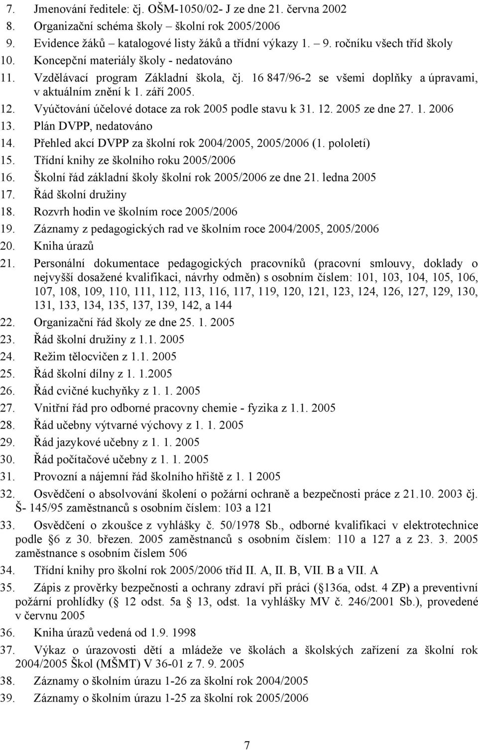 Vyúčtování účelové dotace za rok 2005 podle stavu k 31. 12. 2005 ze dne 27. 1. 2006 13. Plán DVPP, nedatováno 14. Přehled akcí DVPP za školní rok 2004/2005, 2005/2006 (1. pololetí) 15.