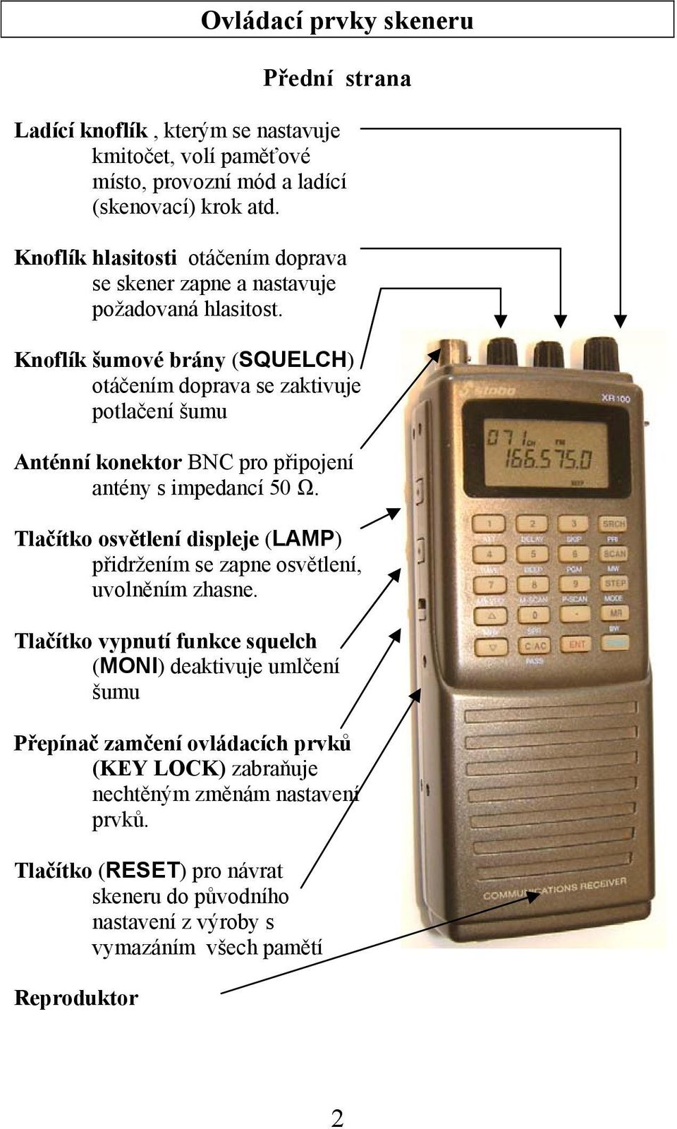 Knoflík šumové brány (SQUELCH) otáčením doprava se zaktivuje potlačení šumu Anténní konektor BNC pro připojení antény s impedancí 50 Ω.