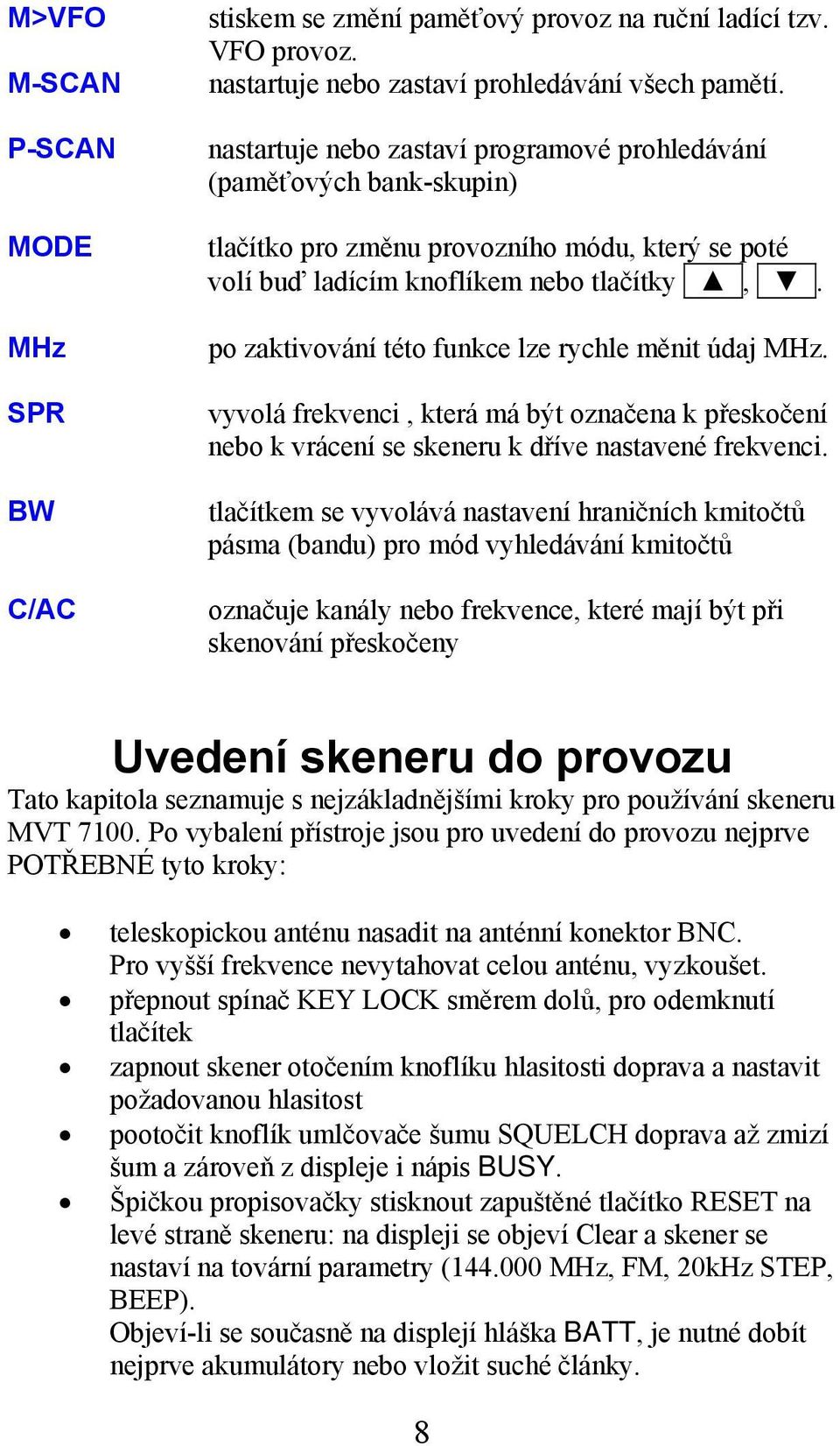 po zaktivování této funkce lze rychle měnit údaj MHz. vyvolá frekvenci, která má být označena k přeskočení nebo k vrácení se skeneru k dříve nastavené frekvenci.