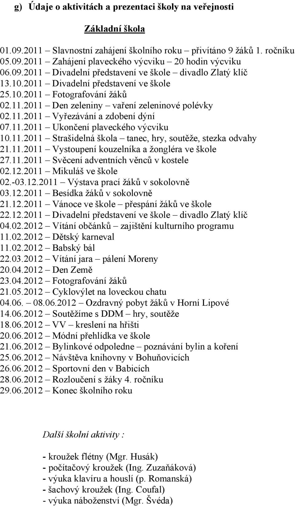 11.2011 Ukončení plaveckého výcviku 10.11.2011 Strašidelná škola tanec, hry, soutěže, stezka odvahy 21.11.2011 Vystoupení kouzelníka a žongléra ve škole 27.11.2011 Svěcení adventních věnců v kostele 02.