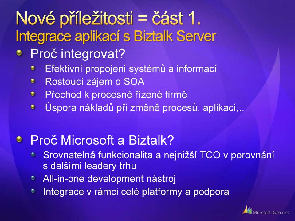 firmě Úspora nákladů při změně procesů, aplikací,.. Proč Microsoft a Biztalk?