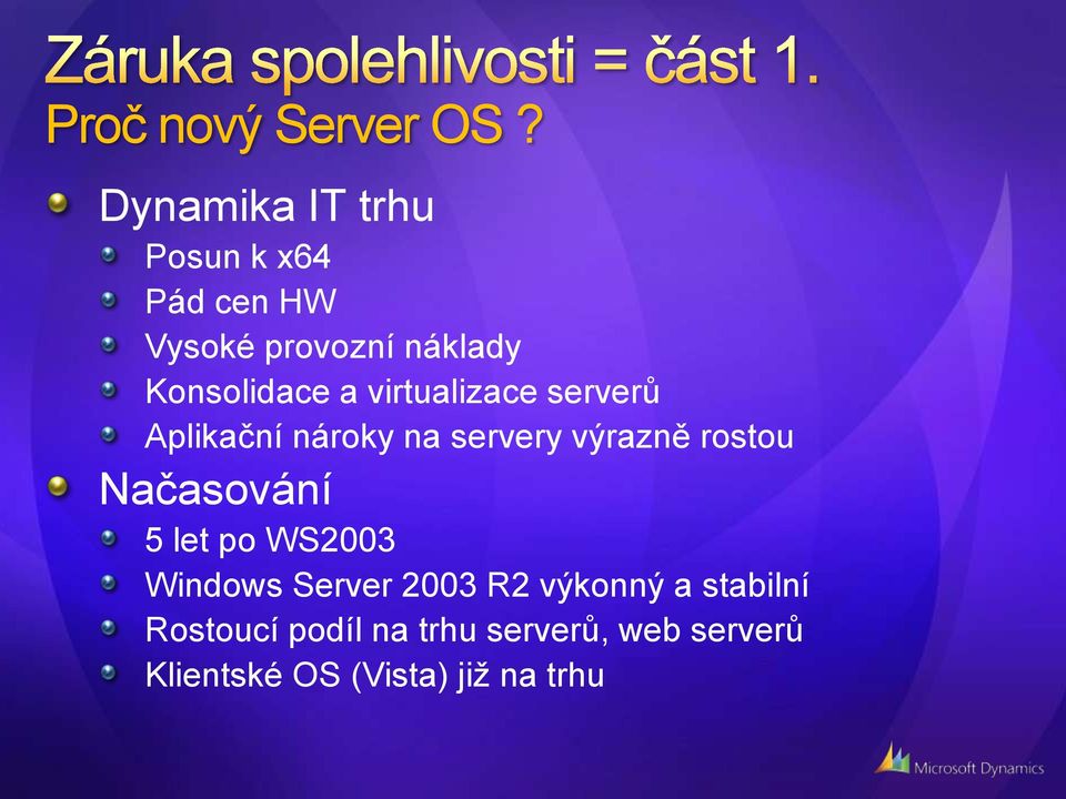 a virtualizace serverů Aplikační nároky na servery výrazně rostou Načasování