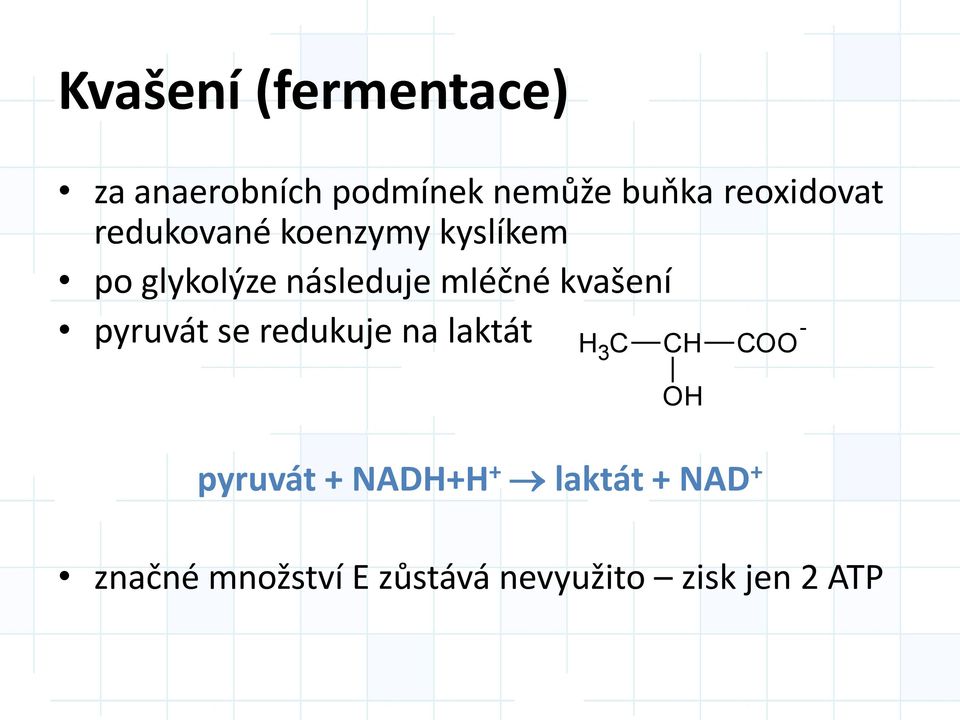 mléčné kvašení pyruvát se redukuje na laktát C H 3 CH OH COO -