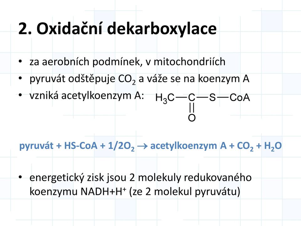 CoA pyruvát + HS-CoA + 1/2O 2 acetylkoenzym A + CO 2 + H 2 O energetický