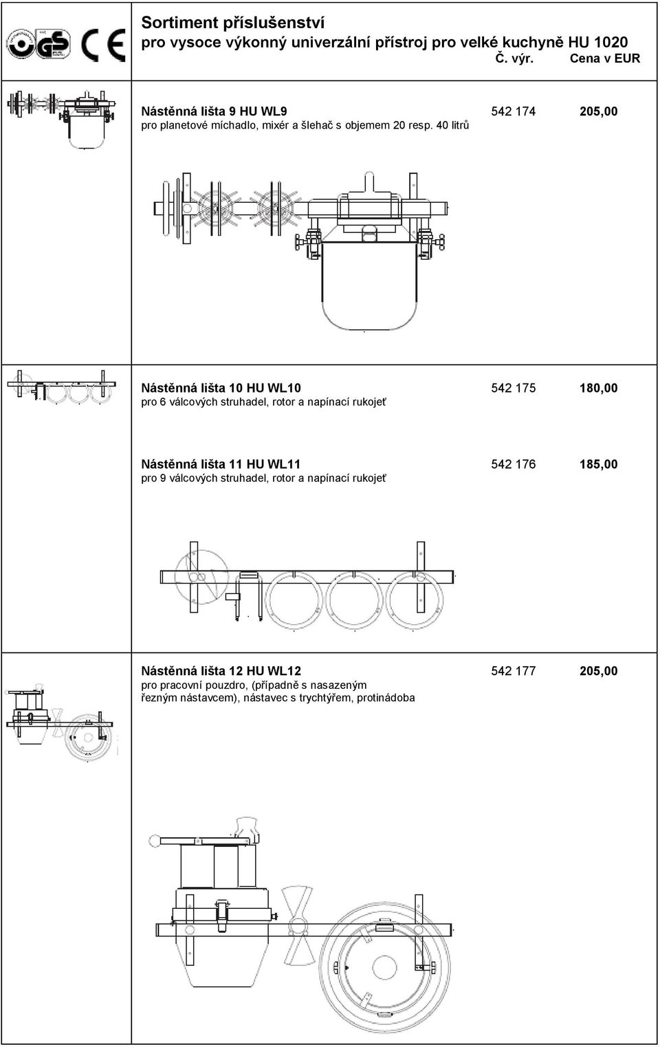 40 litrů Nástěnná lišta 10 HU WL10 542 175 180,00 pro 6 válcových struhadel, rotor a napínací rukojeť Nástěnná lišta 11 HU WL11 542 176