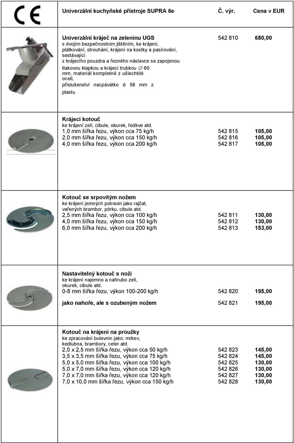 řezného nástavce se zapojenou tlakovou klapkou a krájecí trubkou 60 mm, materiál kompletně z ušlechtilé oceli, příslušenství nacpávátko 58 mm z plastu Krájecí kotouč ke krájení zelí, cibule, okurek,