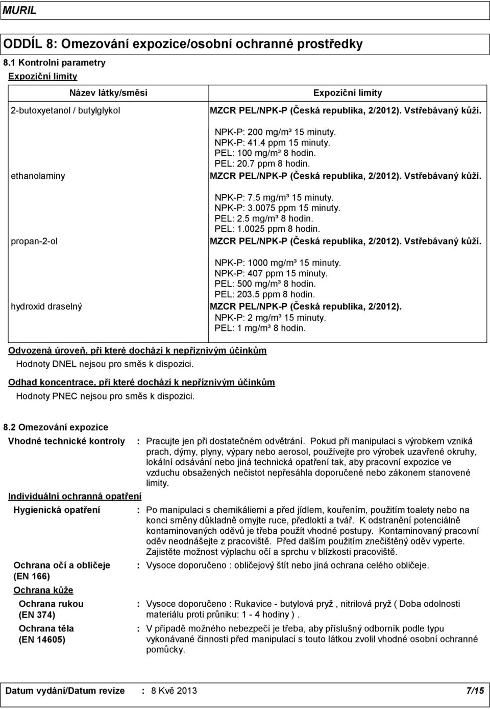 NPK-P 200 mg/m³ 15 minuty. NPK-P 41.4 ppm 15 minuty. PEL 100 mg/m³ 8 hodin. PEL 20.7 ppm 8 hodin. MZCR PEL/NPK-P (Česká republika, 2/2012). Vstřebávaný kůží. NPK-P 7.5 mg/m³ 15 minuty. NPK-P 3.