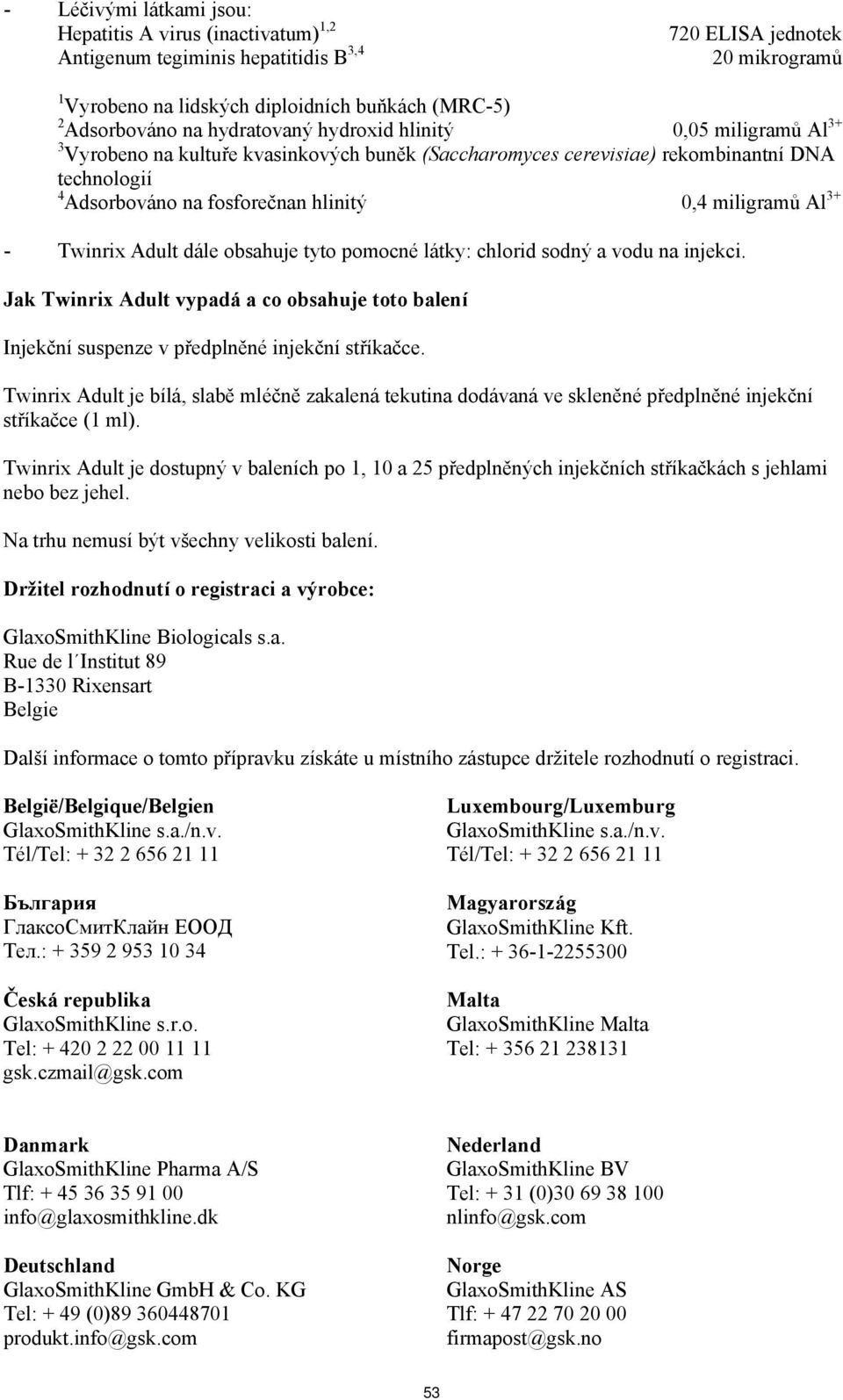 Al 3+ - Twinrix Adult dále obsahuje tyto pomocné látky: chlorid sodný a vodu na injekci. Jak Twinrix Adult vypadá a co obsahuje toto balení Injekční suspenze v předplněné injekční stříkačce.