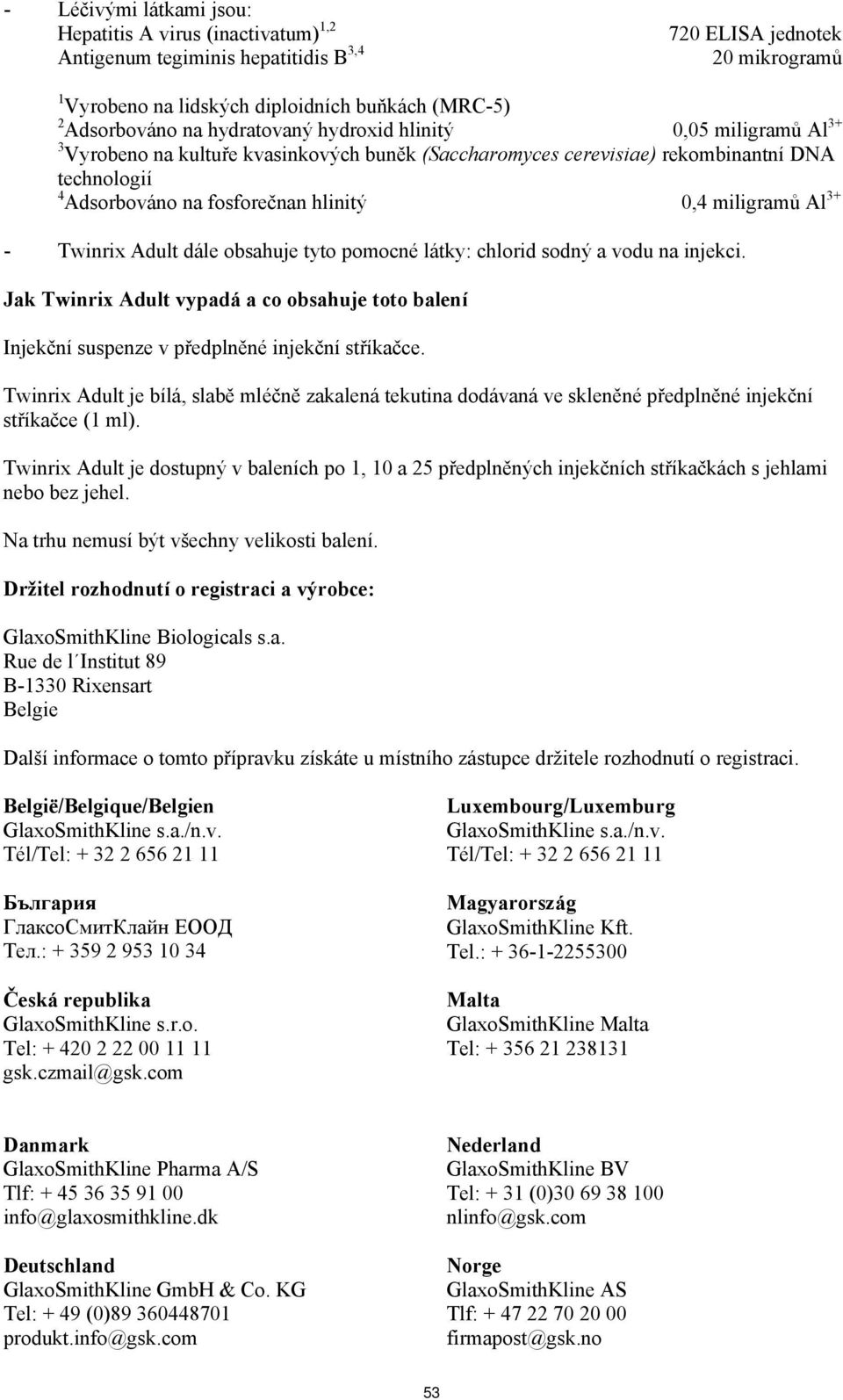 Al 3+ - Twinrix Adult dále obsahuje tyto pomocné látky: chlorid sodný a vodu na injekci. Jak Twinrix Adult vypadá a co obsahuje toto balení Injekční suspenze v předplněné injekční stříkačce.