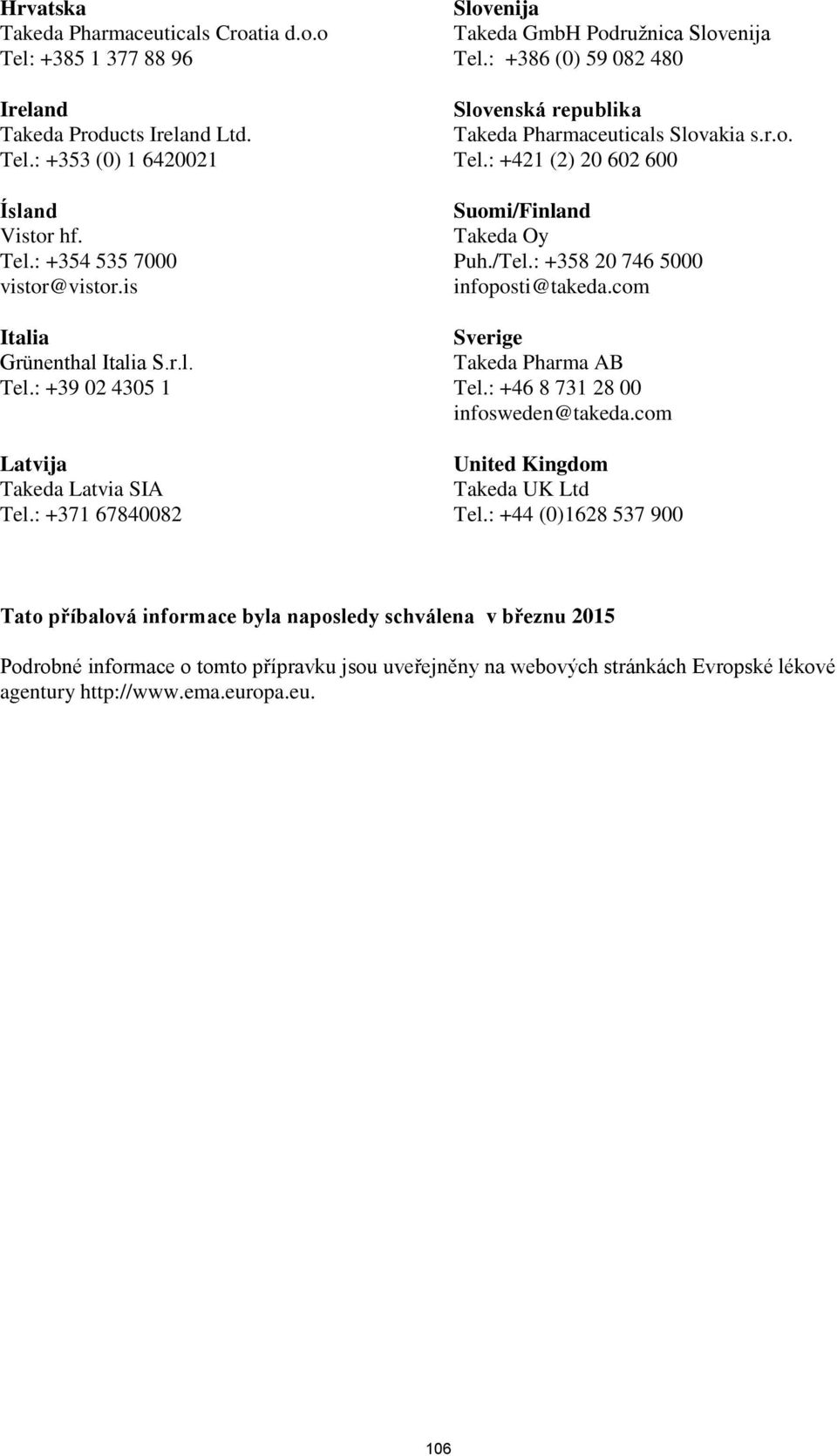 : +386 (0) 59 082 480 Slovenská republika Takeda Pharmaceuticals Slovakia s.r.o. Tel.: +421 (2) 20 602 600 Suomi/Finland Takeda Oy Puh./Tel.: +358 20 746 5000 infoposti@takeda.