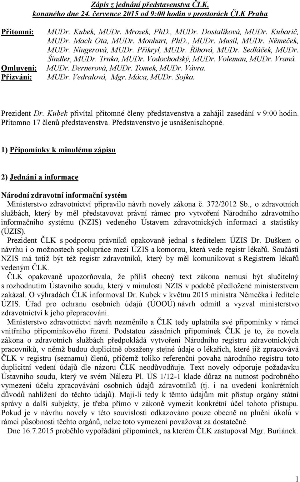 Voleman, MUDr. Vraná. MUDr. Dernerová, MUDr. Tomek, MUDr. Vávra. MUDr. Vedralová, Mgr. Máca, MUDr. Sojka. Prezident Dr. Kubek přivítal přítomné členy představenstva a zahájil zasedání v 9:00 hodin.