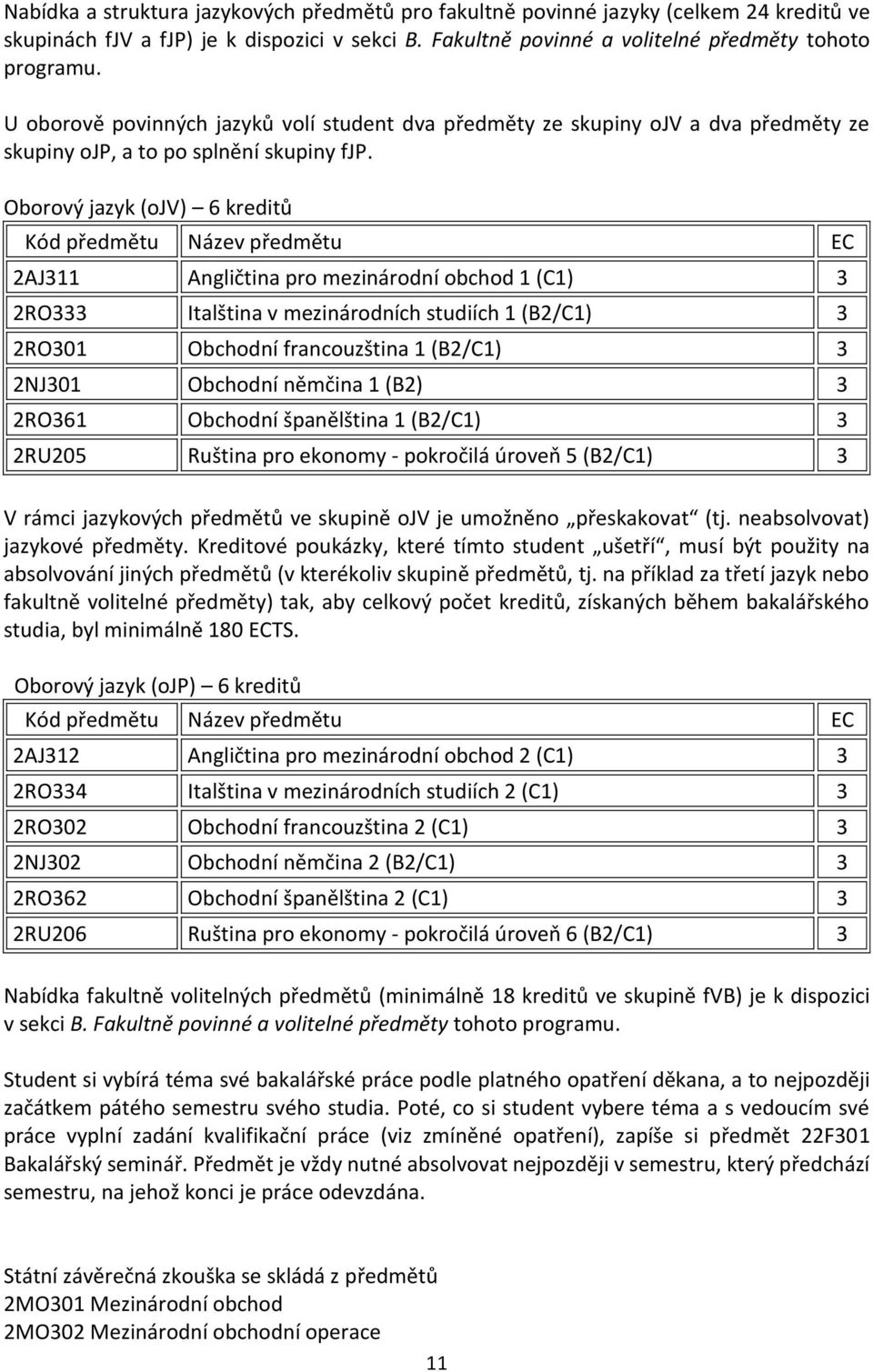 Oborový jazyk (ojv) 6 kreditů Kód předmětu Název předmětu 2AJ311 Angličtina pro mezinárodní obchod 1 (C1) 3 2RO333 Italština v mezinárodních studiích 1 (B2/C1) 3 2RO301 Obchodní francouzština 1