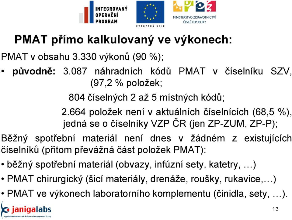 664 položek není v aktuálních číselnících (68,5 %), jedná se o číselníky VZP ČR (jen ZP-ZUM, ZP-P); Běžný spotřební materiál není dnes v