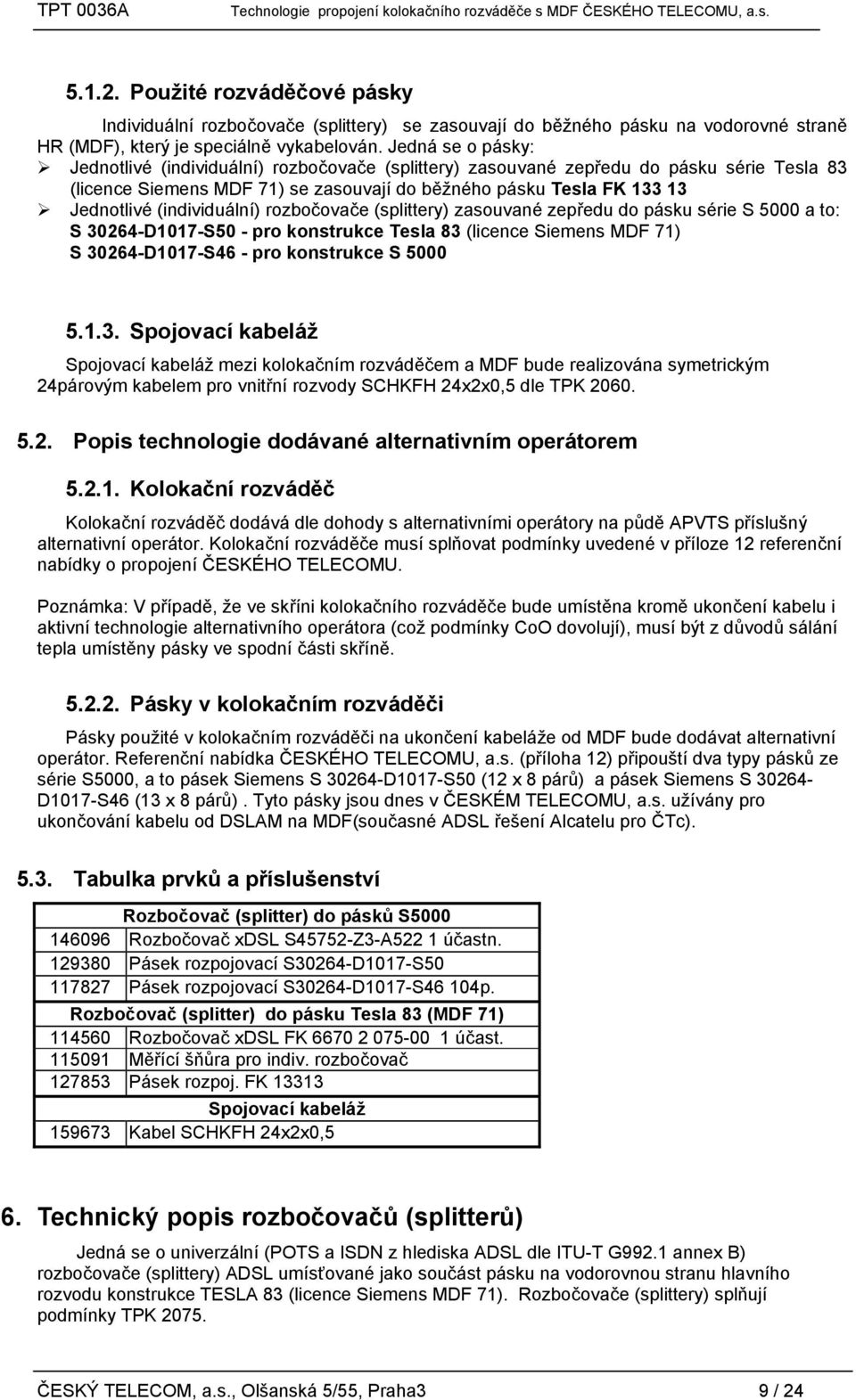 (individuální) rozbočovače (splittery) zasouvané zepředu do pásku série S 5000 a to: S 30