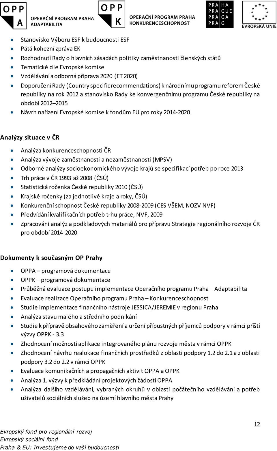 2015 Návrh nařízení Evropské komise k fondům EU pro roky 2014-2020 Analýzy situace v ČR Analýza konkurenceschopnosti ČR Analýza vývoje zaměstnanosti a nezaměstnanosti (MPSV) Odborné analýzy