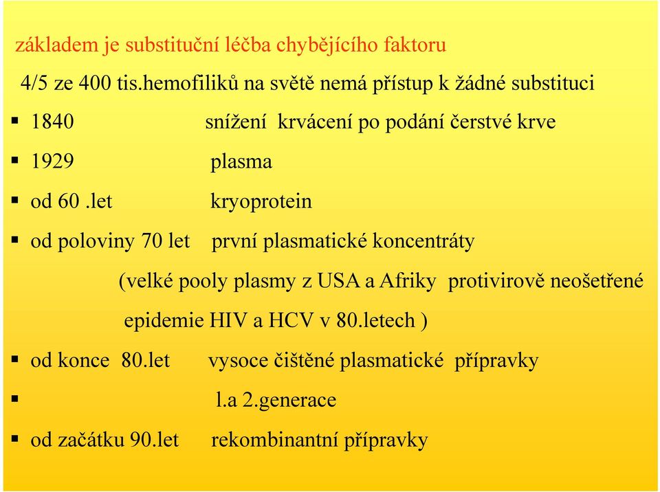 60.let kryoprotein od poloviny 70 let první plasmatické koncentráty (velké pooly plasmy z USA a Afriky