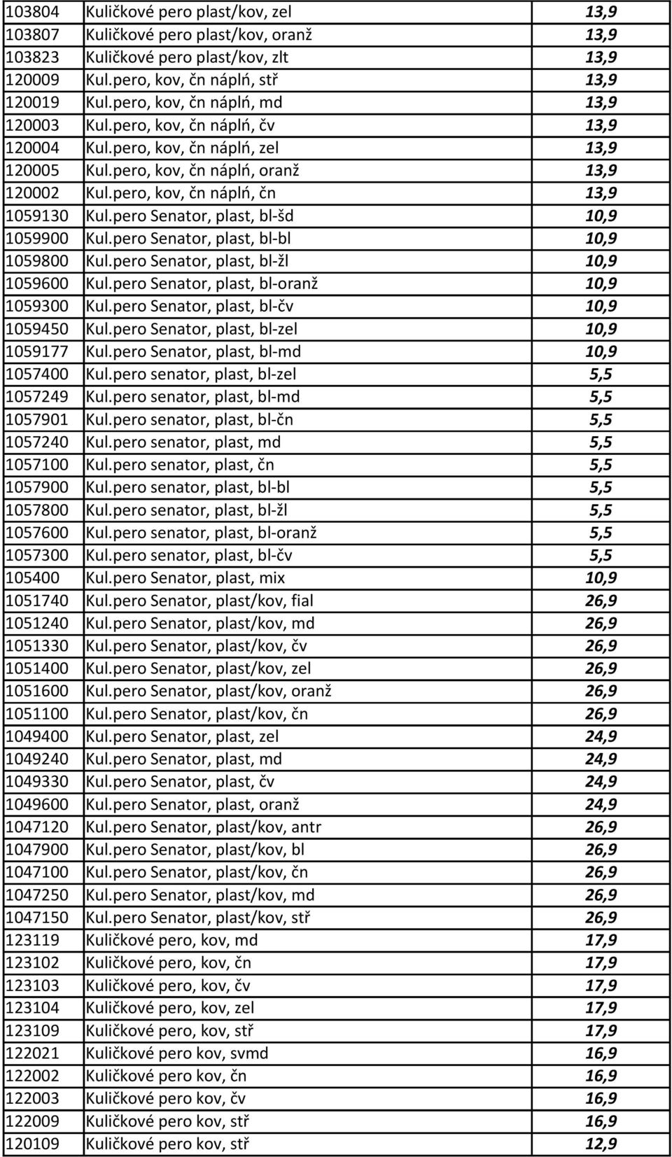 pero, kov, čn náplń, čn 13,9 1059130 Kul.pero Senator, plast, bl-šd 10,9 1059900 Kul.pero Senator, plast, bl-bl 10,9 1059800 Kul.pero Senator, plast, bl-žl 10,9 1059600 Kul.