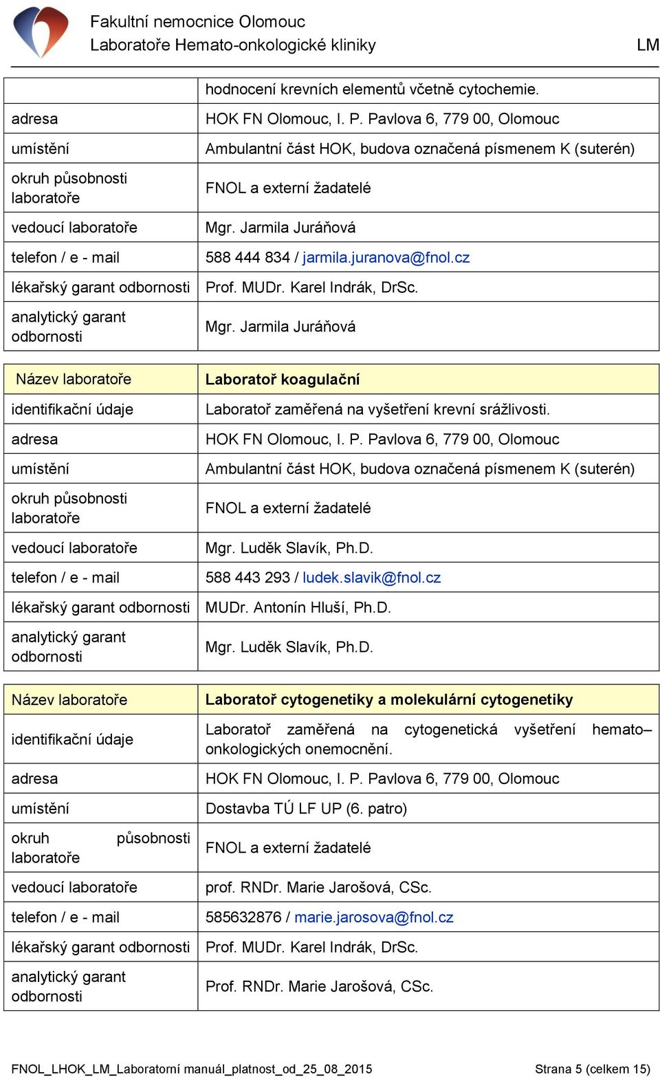 Jarmila Juráňová 588 444 834 / jarmila.juranova@fnol.cz lékařský garant odbornosti Prof. MUDr. Karel Indrák, DrSc.