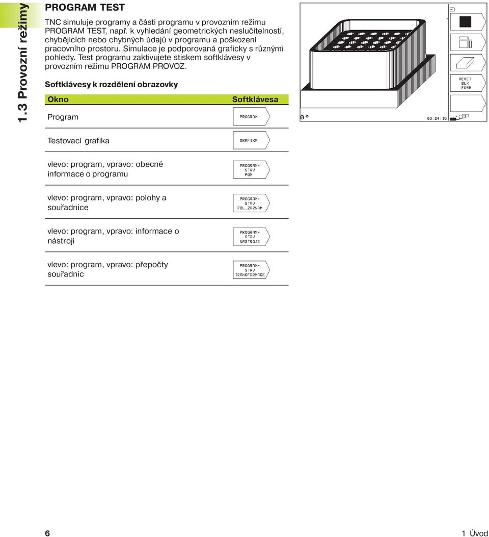 Simulace je podporovaná graficky s různými pohledy. Test programu zaktivujete stiskem softklávesy v provozn m režimu PROGRAM PROVOZ.