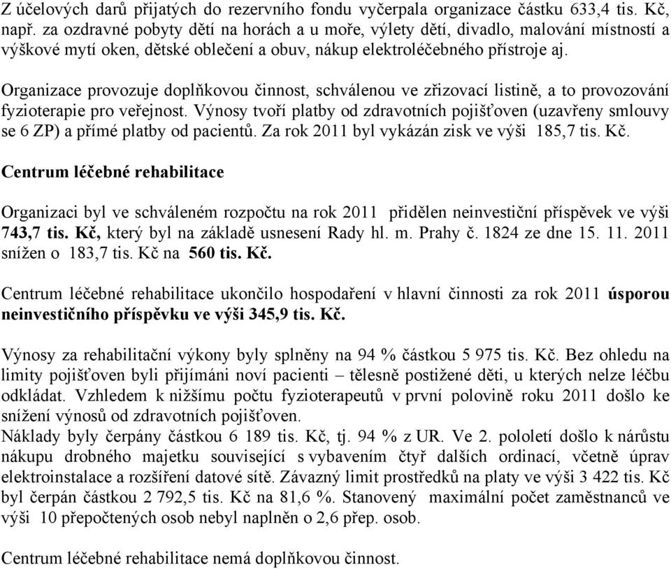 Organizace provozuje doplňkovou činnost, schválenou ve zřizovací listině, a to provozování fyzioterapie pro veřejnost.